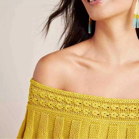 Anthropologie Off The Shoulder Ruffled Knit Cotton Sweater Mustard Crochet M - Picture 2 of 14